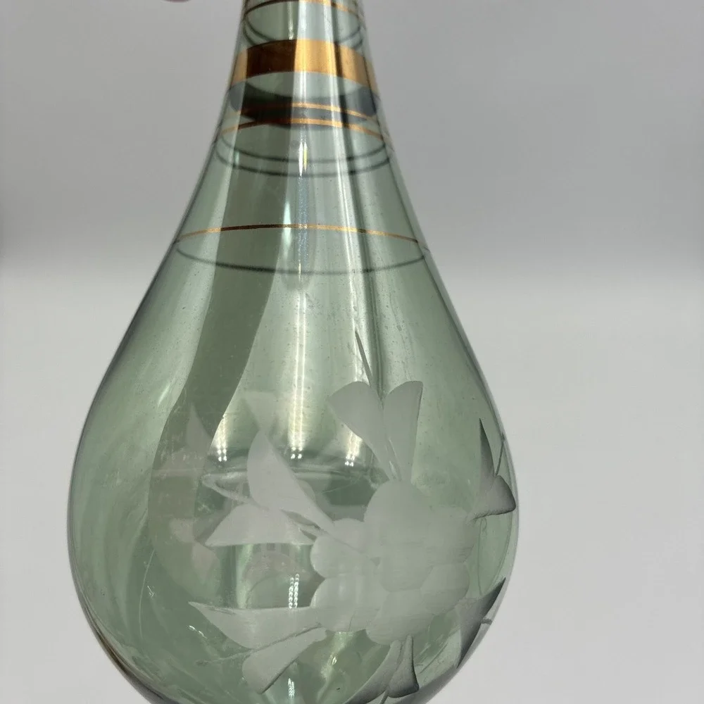 Vintage Egyptian Hand Blown Glass Ornament Green Etched Floral Gold Trim 9.75